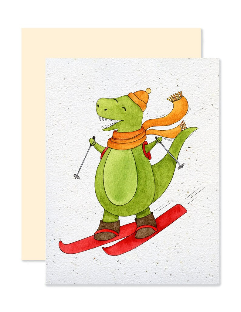 EMM0058 - Carte à planter / Plantable greeting card -  Dinosaure sur skis