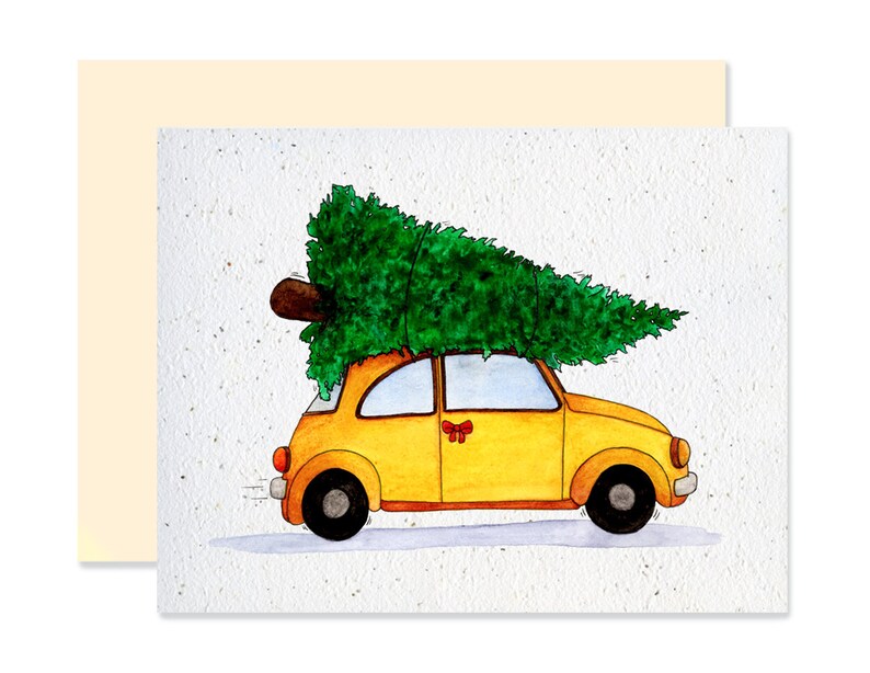 EMM0055 - Carte à planter / Plantable greeting card -  Sapin sur voiture jaune